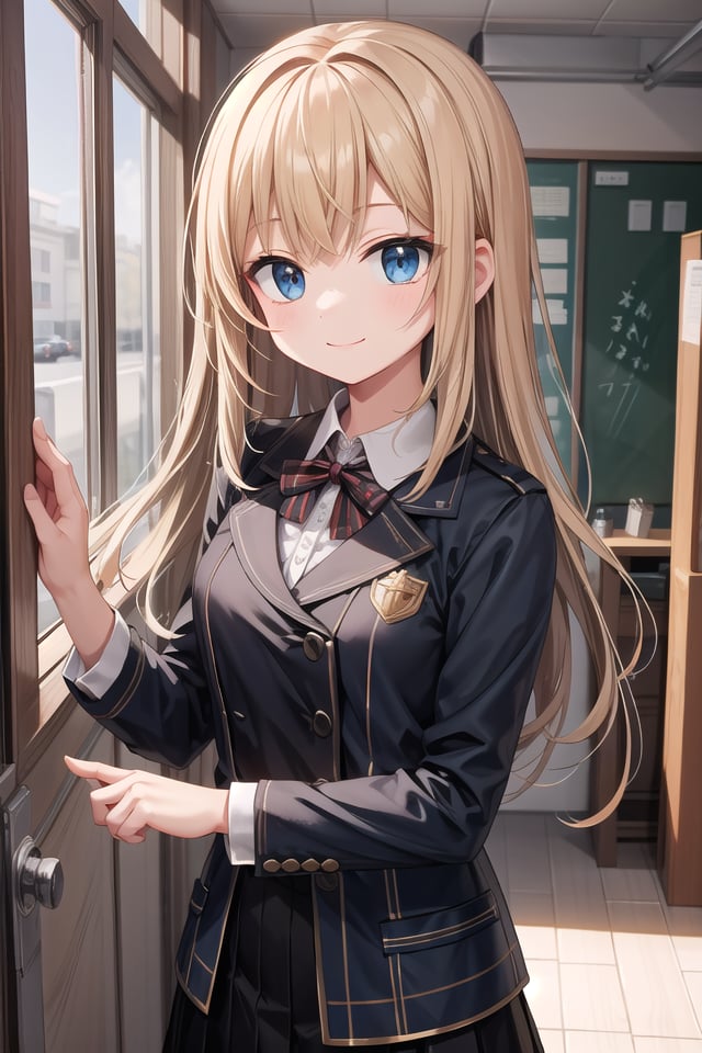 insanely detailed, absurdres, ultra-highres, ultra-detailed, best quality,1girl, solo, nice hands, perfect handsBREAKwearing winter school uniform, (nsfw:-1.5)BREAKhappy smile, laugh, closed mouthBREAK45 angle,standing, cowboy shot, looking at viewerBREAKslender, kawaii, perfect symmetrical face, ultra cute girl, ultra cute face, ultra detailed eyes, ultra detailed hair, ultra cute, ultra beautifulBREAKin schoolyard, depth of field, ultra detailed backgroundBREAKmedium large breastsBREAKblonde hair, blue eyes, hime cut,