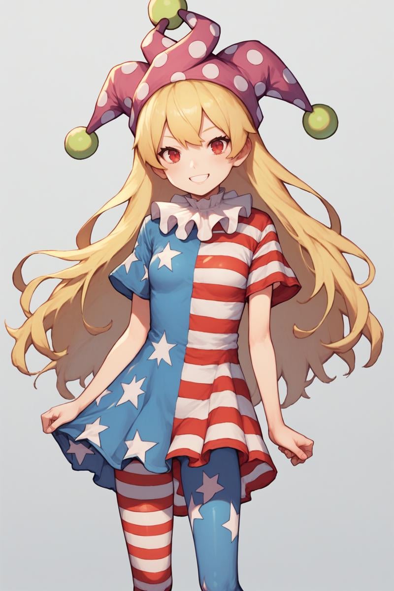 score_9, score_8_up, score_8, score_9, 1 girl,  source_anime, <lora:clownpiece_pony-10:1>, jester cap, neck ruff, blonde hair, american flag legwear, american flag dress, clownpiece, dress, leggings, red eyes, long hair, small breasts, short sleeves, smile