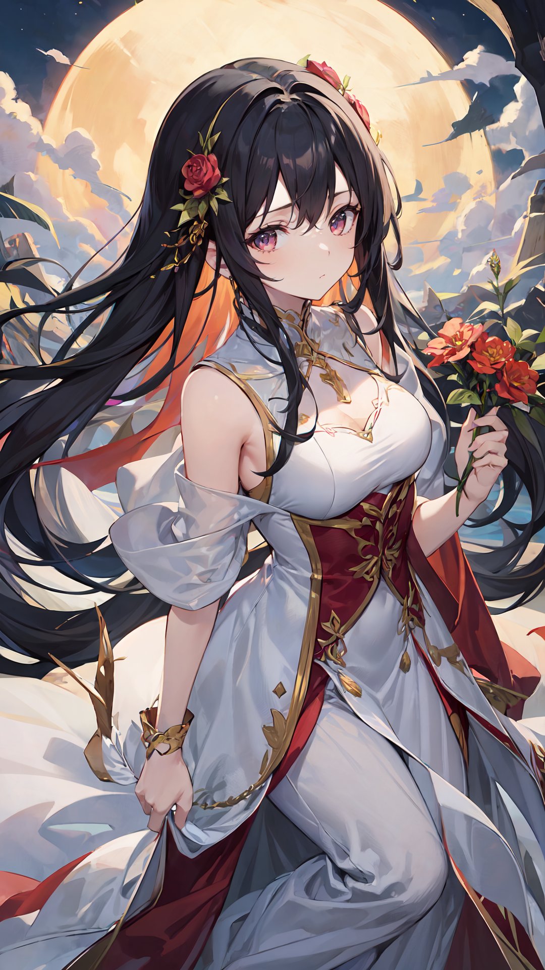 looking from above,a girl,above the knee,appear on camera,(a girl appeared at the front:1.2),(holding flowers in hand:1.1),stand,crescent_moon,black hair,long hair,white night,sky,solo,cloud,<lora:激萌清晰调节:0.5>,simple background,a neat background,red dress,character focus,clear background,HDR,UHD,8K,masterpiece,absurdres,raise your head,