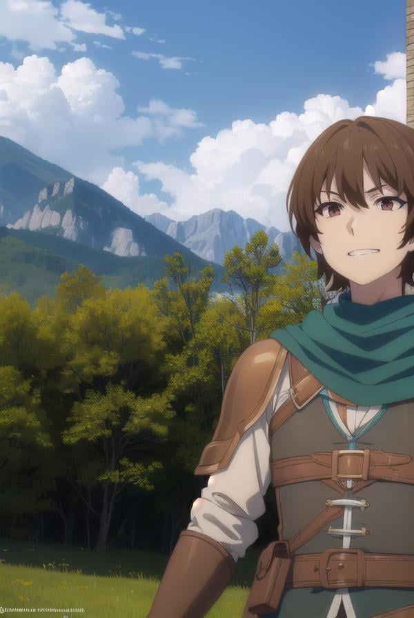 keyaru, <lora:keyaru s1-lora-nochekaiser:1>,keyaru, short hair, (brown eyes:1.5), brown hair, male focus, smile, grin,BREAK cape, armor,BREAK outdoors, forest, nature, grass, trees, sun, sky, clouds,BREAK looking at viewer, (cowboy shot:1.5),BREAK <lyco:GoodHands-beta2:1>, (masterpiece:1.2), best quality, high resolution, unity 8k wallpaper, (illustration:0.8), (beautiful detailed eyes:1.6), extremely detailed face, perfect lighting, extremely detailed CG, (perfect hands, perfect anatomy),