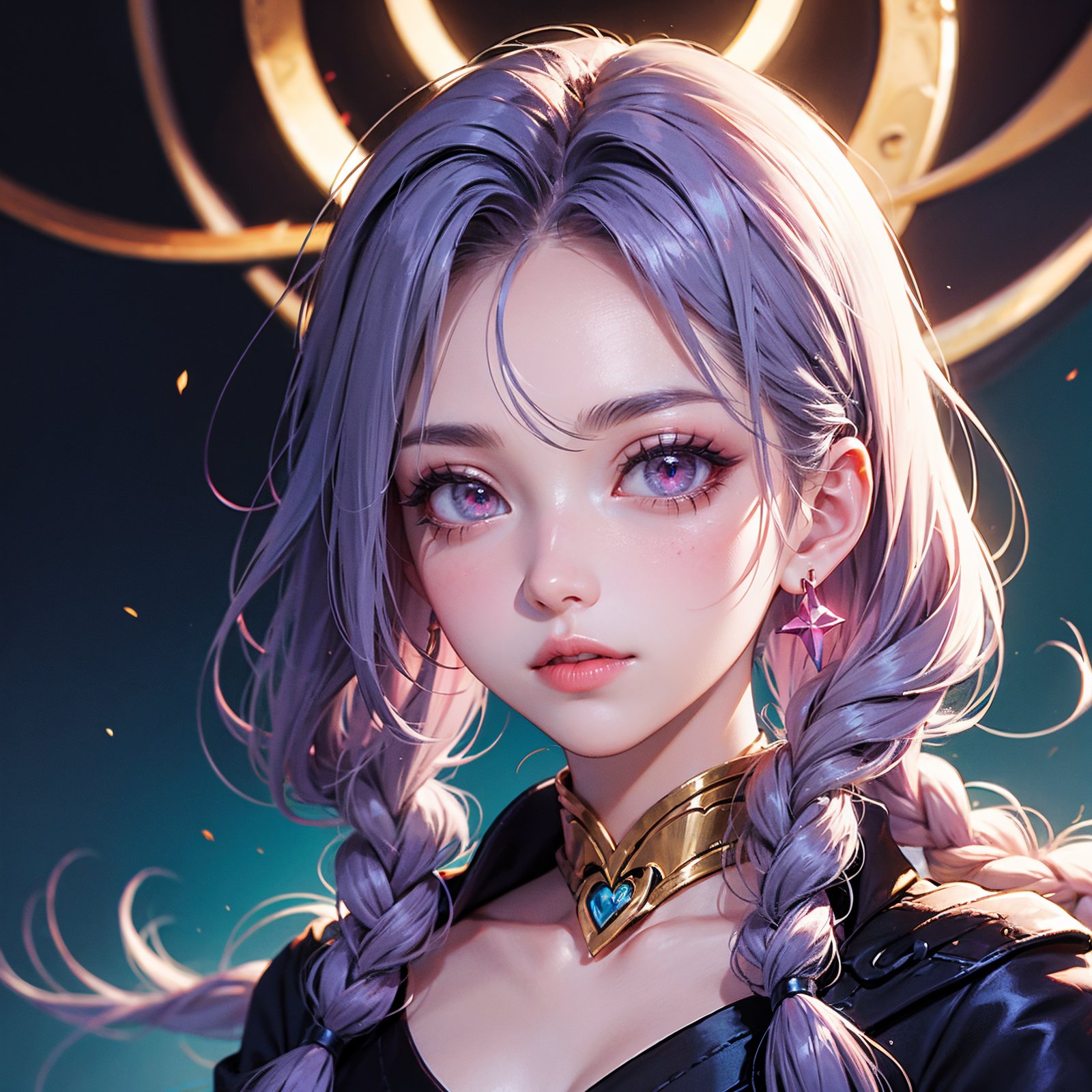 Draw a light on a blue,faced k-pop girl,(masterpiece:1.2),hi-res,4k,extremely delicate and beautiful art,pastel color,jinx_/(league of legends/),pink eyes,blue hair,[twin braids],portrait,