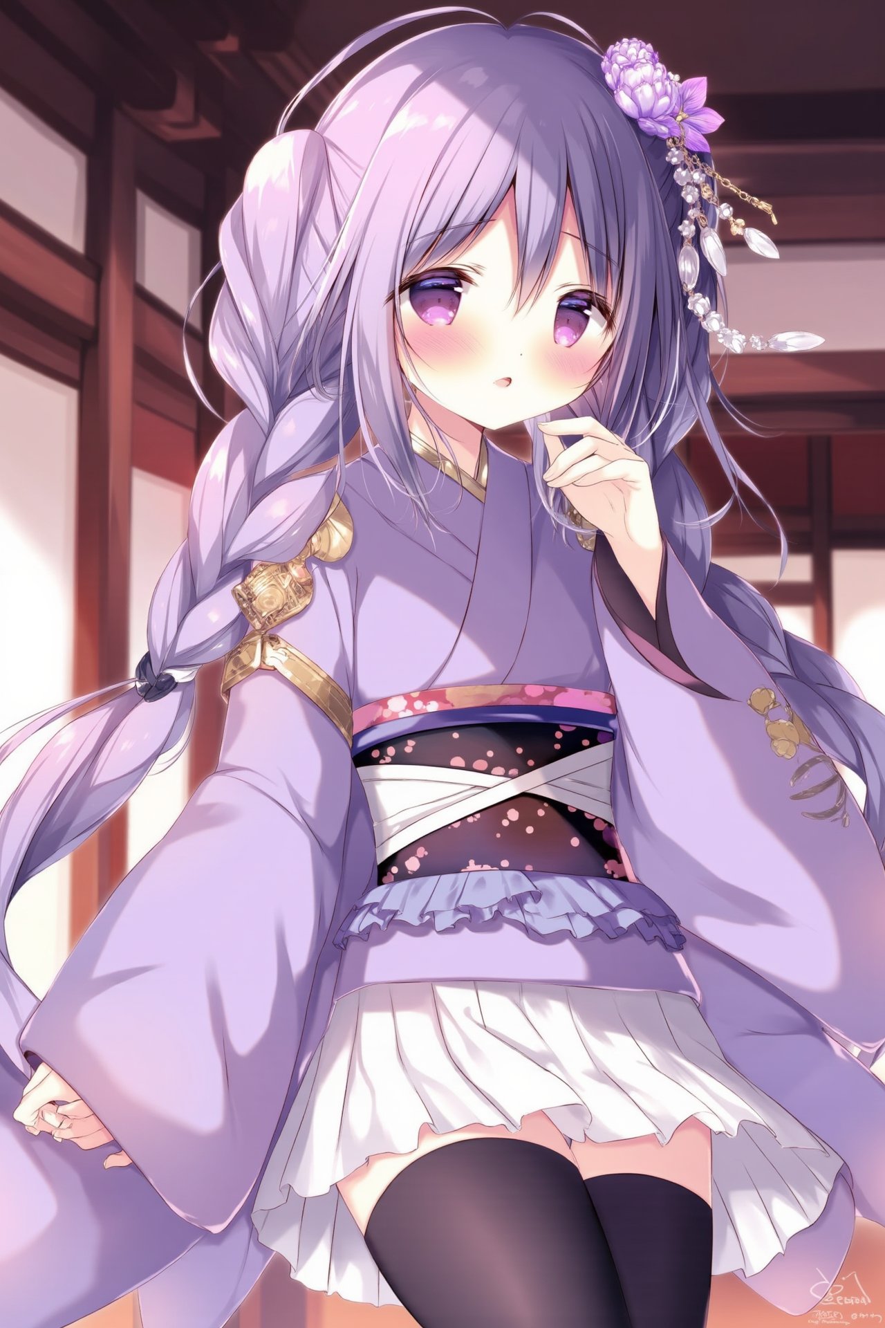 <lora:flux-shiratama-R2:1>,A high-quality masterpiece featuring an artist with torino_aqua and raiden_shogun styles, showcasing a solitary girl with long purple hair adorned with a flower and purple eyes. She wears traditional Japanese clothes, including a kimono with wide sleeves and a sash, and thigh-highs. Her hair is styled in a braid with a hair ornament, and she holds a sword. The scene is set against the backdrop of East Asian architecture, with a mole under her eye. She looks directly at the viewer with parted lips, holding a sword and a purple flower. The vision is reminiscent of Genshin Impact, featuring elements like musou isshin and electric tassels.