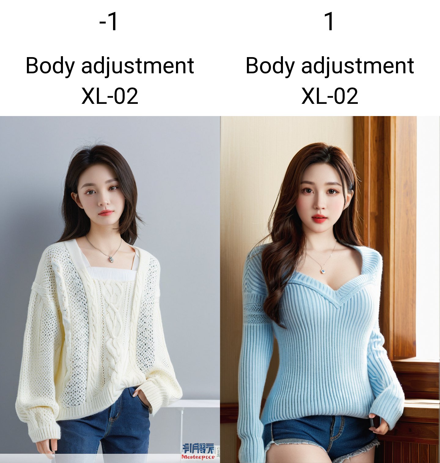 (masterpiece, best quality:1.4),finely detailed,1girl,solo,pale skin,standing,asian,(cowboy_shot:1.2), <lora:Body adjustment XL-02:-1>,Sweater