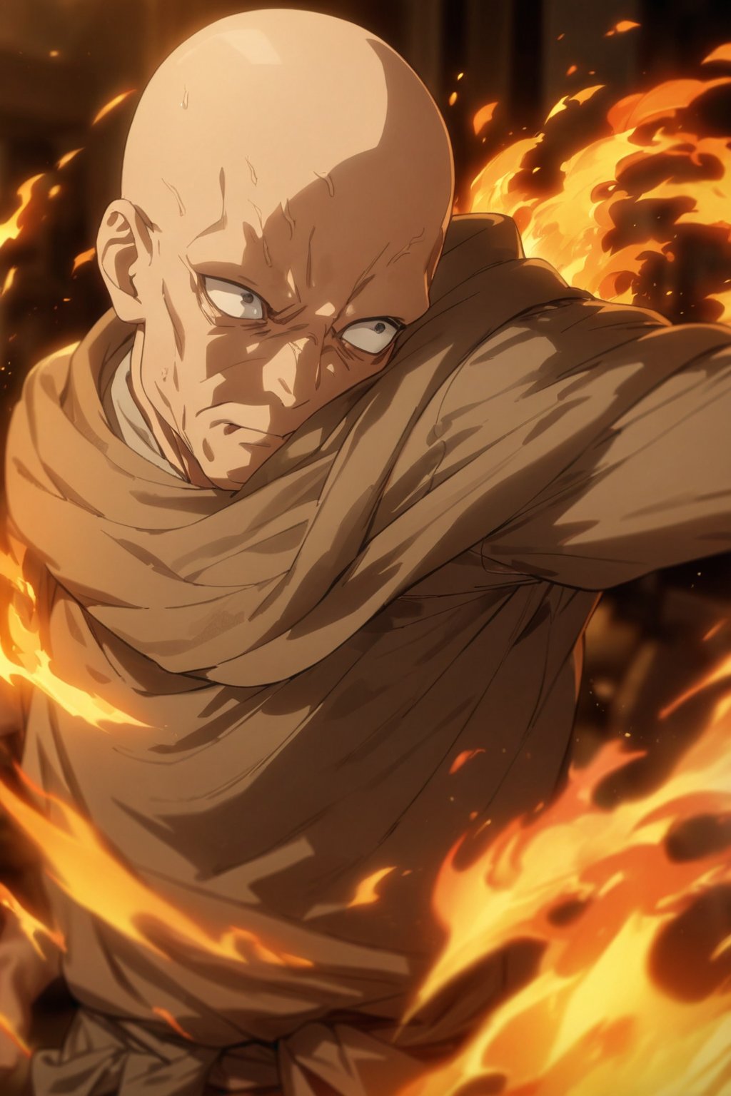 fighting, fire magic, diru,1man, solo, cowboy shot, bald hair, ugly man, brown mantle, mature male,grey tunic, jodhpur pants, black eyes, (masterpiece, 16k, high-quality, breathtaking, highres, ultra detailed), (perfect face) (high-quality, breathtaking, highres, ultra detailed), (expressive eyes, perfect face)  <lora:diru>