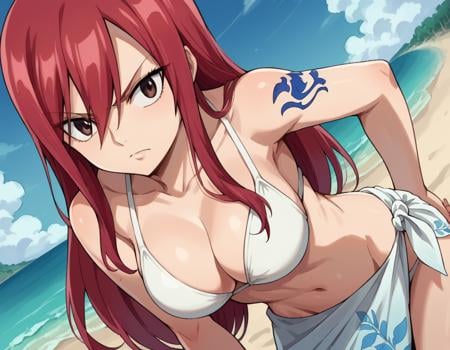 score_9, score_8_up, score_7_up, source_anime,erzascarlet, <lora:erza-scarlet-ponyxl-lora-nochekaiser:1>erza scarlet, long hair, red hair, hair between eyes, brown eyes,navel, swimsuit, bikini, tattoo, white bikini, sarong,outdoors, beach, bent over,looking at viewer, dutch angle, cowboy shot