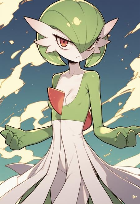 blvefo9, gardevoir, solo, humanoid, pokemon (creature), serious, pointy breasts, triangular breasts,small breasts, green hai, score_9, score_8_up, score_7_up, score_6_up, score_5_up, score_4_up