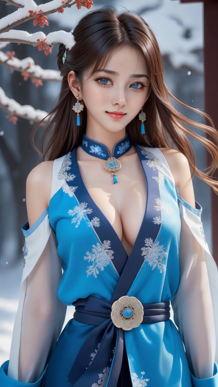 ((extremely detailed CG)),((8k_wallpaper)),(masterpiece),best quality,high resolution illustration,hyperdetailed,highres,((Overexposure)),bare shoulders,(Upper body),head tilt,seiza,seductive smile,1girl,long hair,beautiful_face,Highly detailed and beautiful eyes,(an extremely delicate and beautiful),(Beautiful and detailed facial depiction),Mature women Chinese antique clothing,White and blue Taoist robe,earrings,necklace,Winter snow,