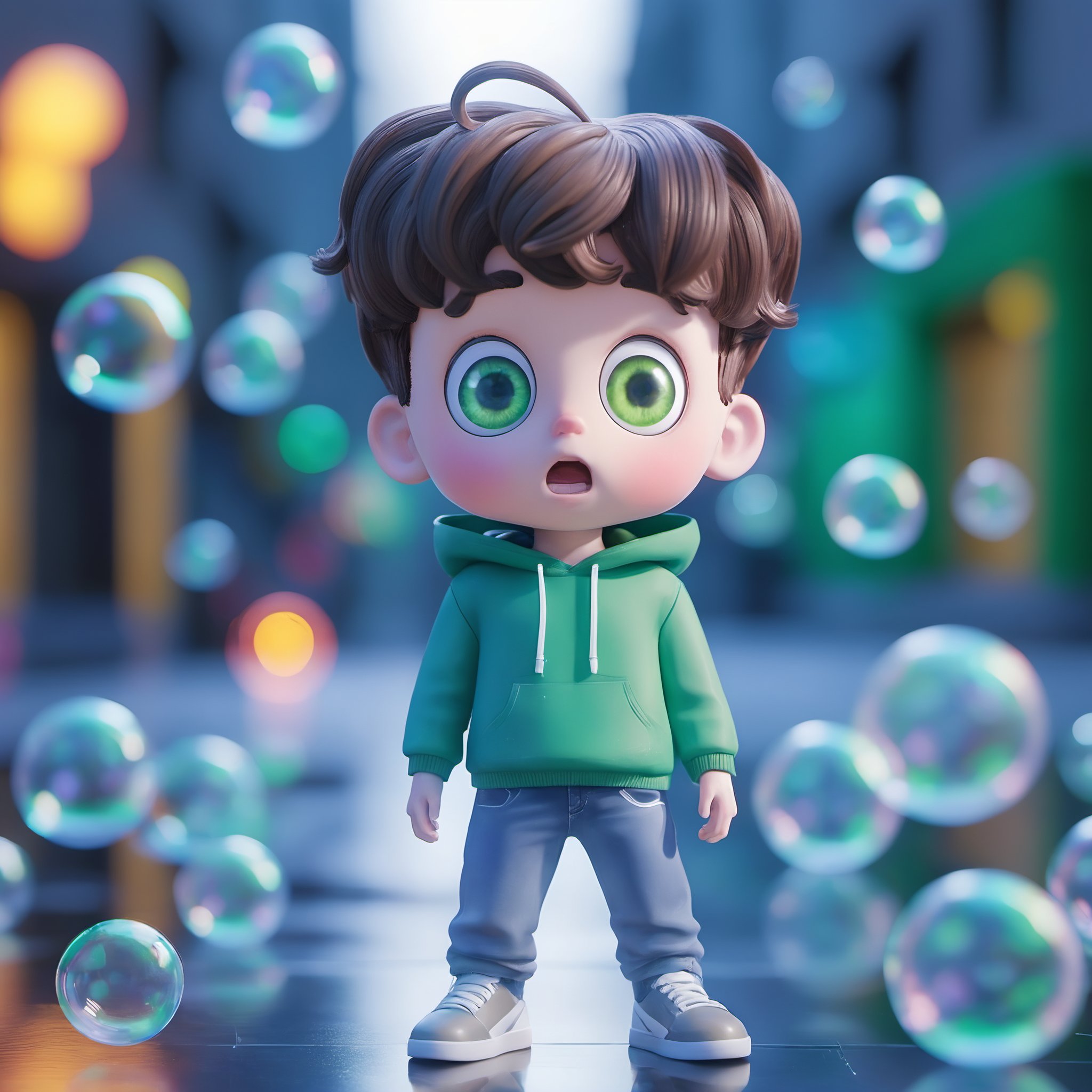 1boy,male focus,brown hair,open mouth,bubble,hoodie,solo,pants,green hoodie,blurry,sweatdrop,green eyes,standing,looking at viewer,short hair,white footwear,blurry background,chibi,shoes,teeth,full body,long sleeves,denim,