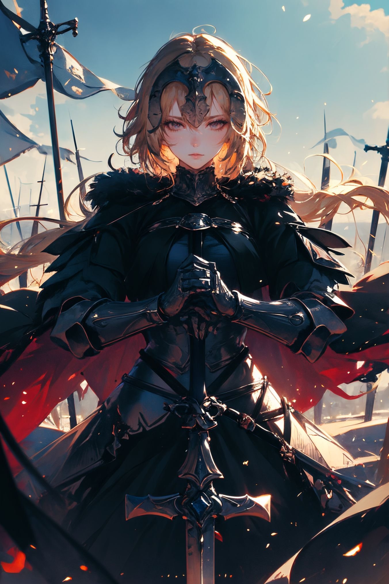 a stunning art,abstract,flowery,predominantly white,dynamic pose,centered,key visual,intricate,highly detailed,breathtaking beauty,precise lineart,vibrant,comprehensive,cinematic,xuer Jeanne D Arc,<lora:绪儿-黑贞德 xuer Jeanne D Arc:0.8>,