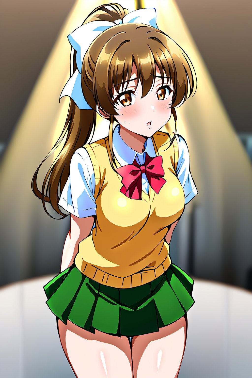 sunohara shizuka, 1girl, solo, skirt, breasts, brown hair, medium breasts, green skirt, brown eyes, sweater vest, ponytail, bow, long hair, looking at viewer, shirt, pleated skirt,white shirt, short sleeves, hair bow, bowtie, thighs, collared shirt, blush, miniskirt, red bowtie, white bow, yellow sweater vest, ribbon, parted lips, yellow vest, standing, cowboy shot, open mouth, high ponytail, hair ribbon, hair between eyes, vest, hands behind back, vibrant lighting, high contrast, dramatic shadows, highly detailed, detailed skin, depth of field, masterpiece, best quality, expressive eyes, perfect face, perfect body, beautiful girl, cute girl, <lora:sunohara shizuka deep 729:1>