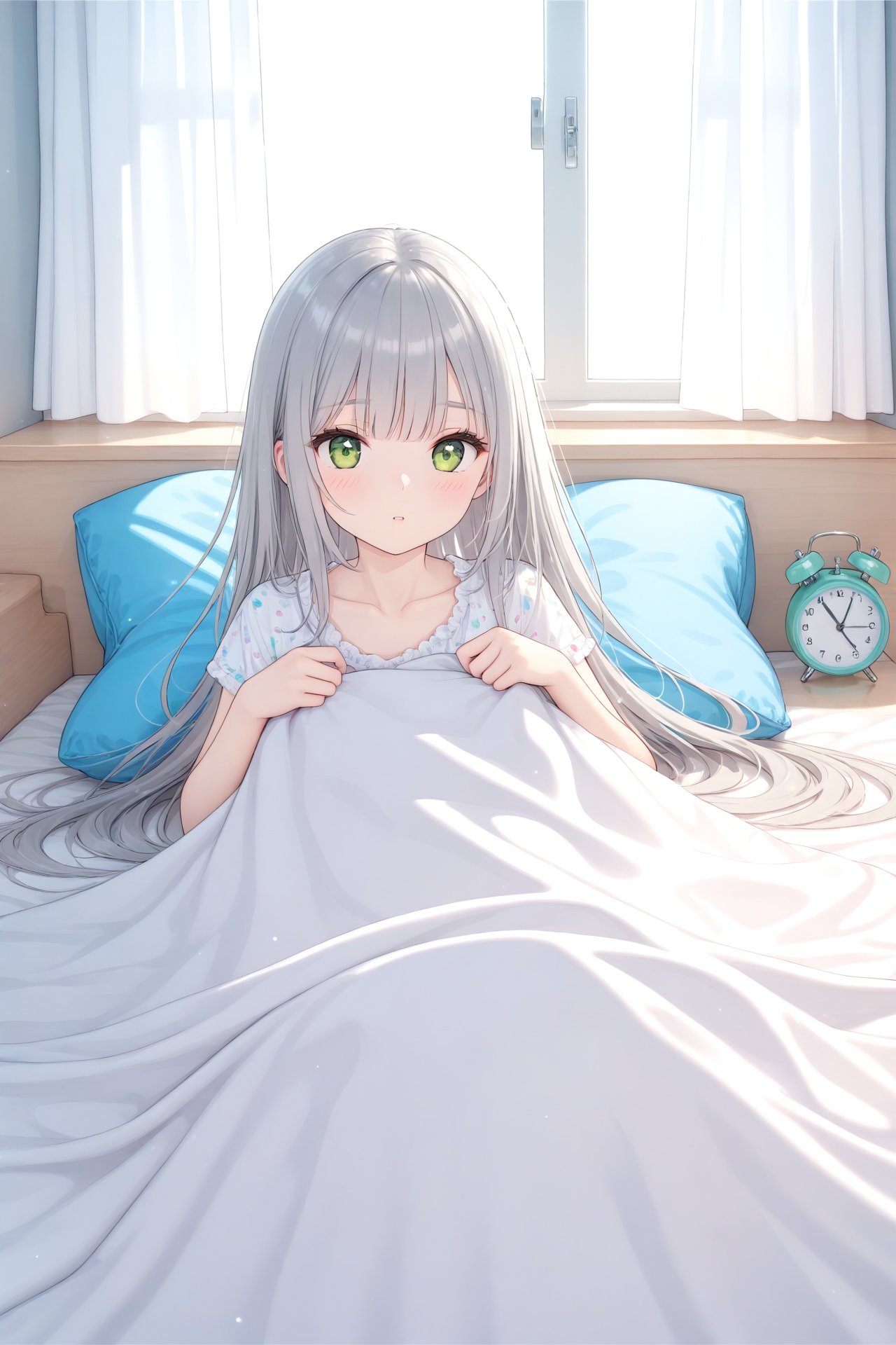 (masterpiece),(best quality),illustration,ultra detailed,hdr,Depth of field,(colorful),loli,1girl,clock,solo,alarm clock,under covers,green eyes,bed,long hair,pillow,indoors,sunlight,curtains,pajamas,grey hair,blanket,window,collarbone,bangs,