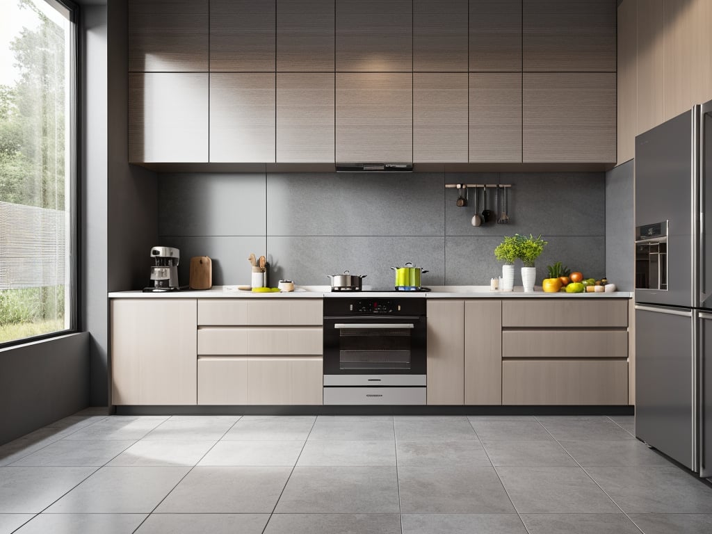 kitchen, plant, tile wall, tiles, window, fruit, indoors, food, stove, faucet, refrigerator, ceiling light, black theme, tile floor, frying pan, no humans, interior design, rendering style, cutting board, microwave, apple, kitchen knife, sunlight, window blinds, front view, grey tiles