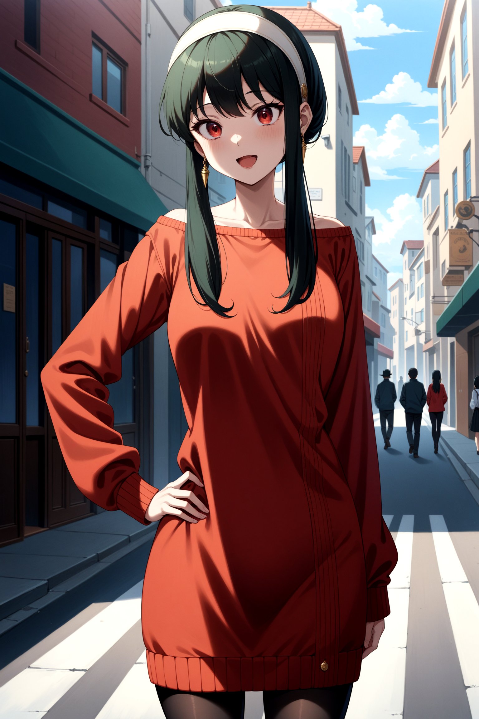 (masterpiece, best quality, very aesthetic, ultra detailed), intricate details, 4k, anime style, bbyorf, short hair with long locks, white hairband, red eyes, gold earrings, breasts, jewelry, off shoulder, red sweater, sweater dress, long sleeves, black pantyhose, <lora:yor_forger_XL_v1:0.9>, outdoors, street, standing cowboy shot, smile, open mouth, hand on hip,