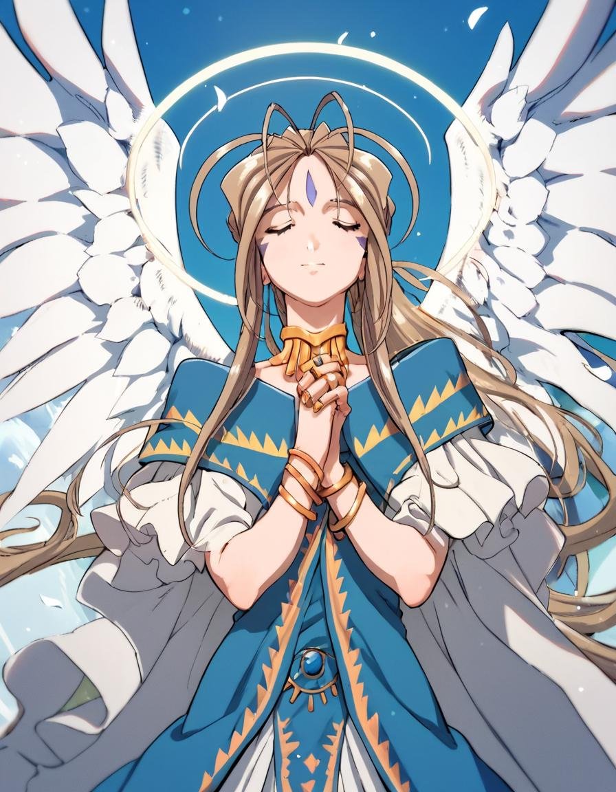 score_9, score_8_up, score_7_up, score_6_up, score_5_up, score_4_up, source_anime,  Belldandy, jewelry, closed eyes, wings, choker, bracelet, halo, ring, angel wings, angel, 