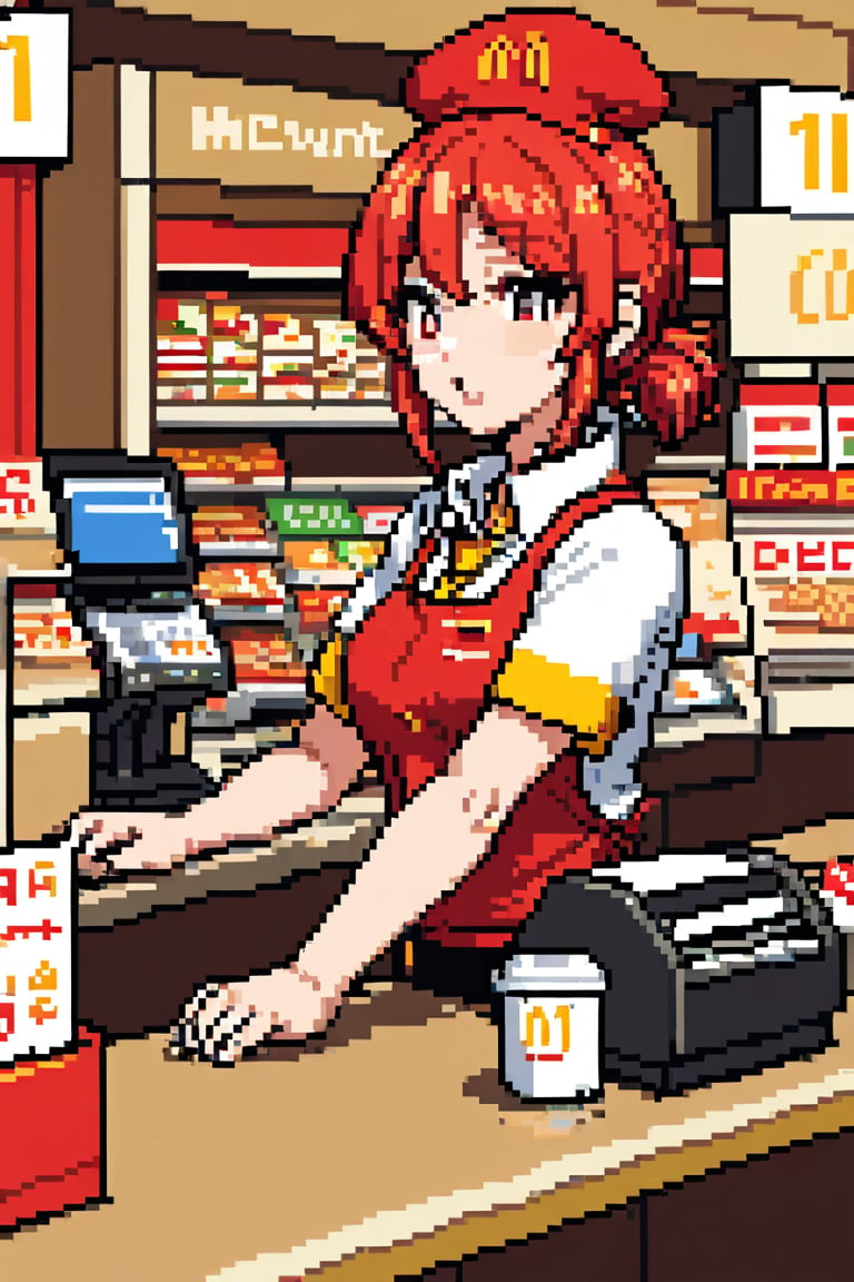 masterpiece, best quality, female mcdonald cashier, halfbody, counter,