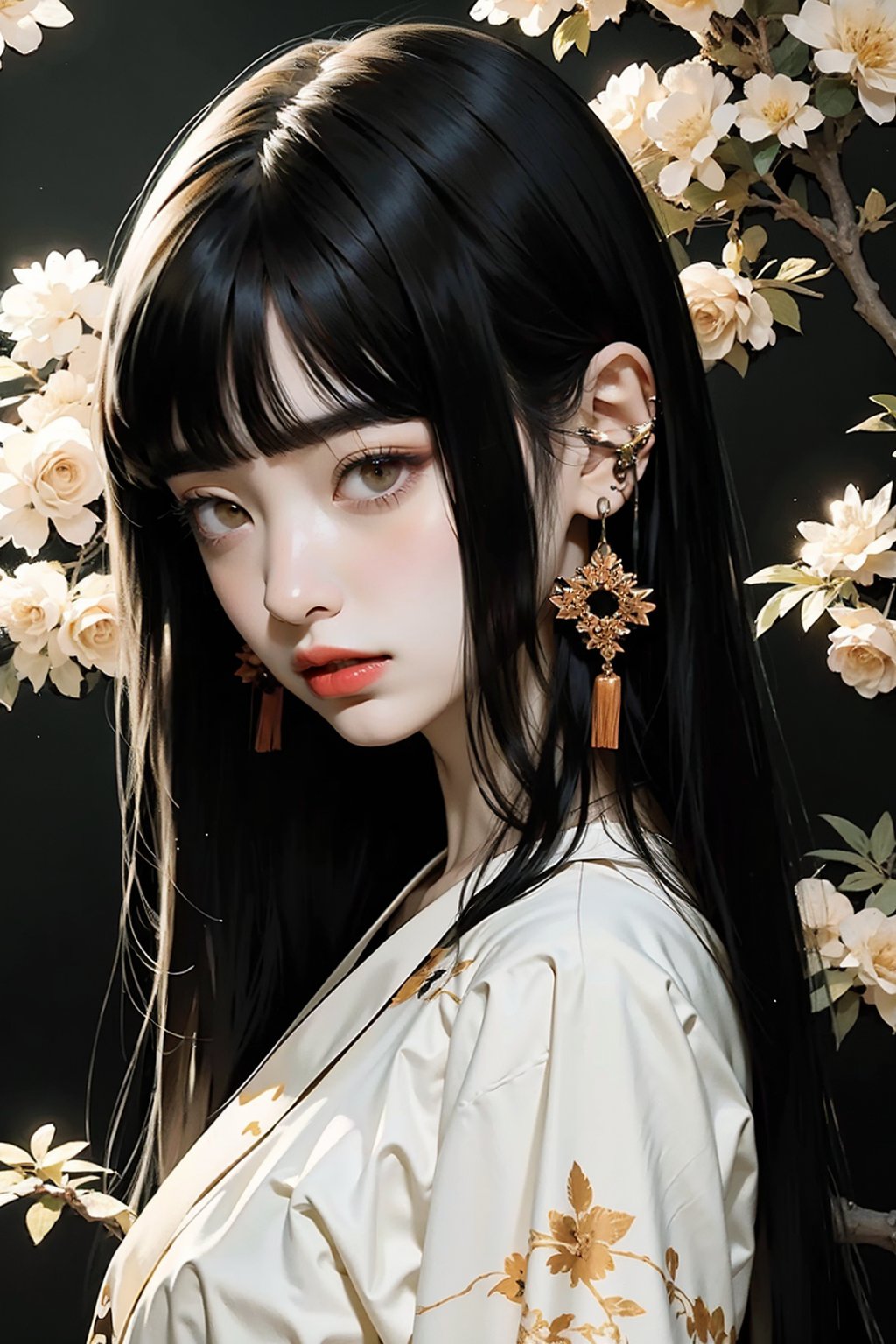 1girl,solo,(hime cut:1.2),black hair,bangs,jewelry,long hair,earrings,blunt bangs,looking at viewer,japanese clothes,upper body,closed mouth,branch,brown eyes,red lips,plant,makeup,nail polish,<lora:linhe fuheigongzhuqie_20231018110238:0.7>,