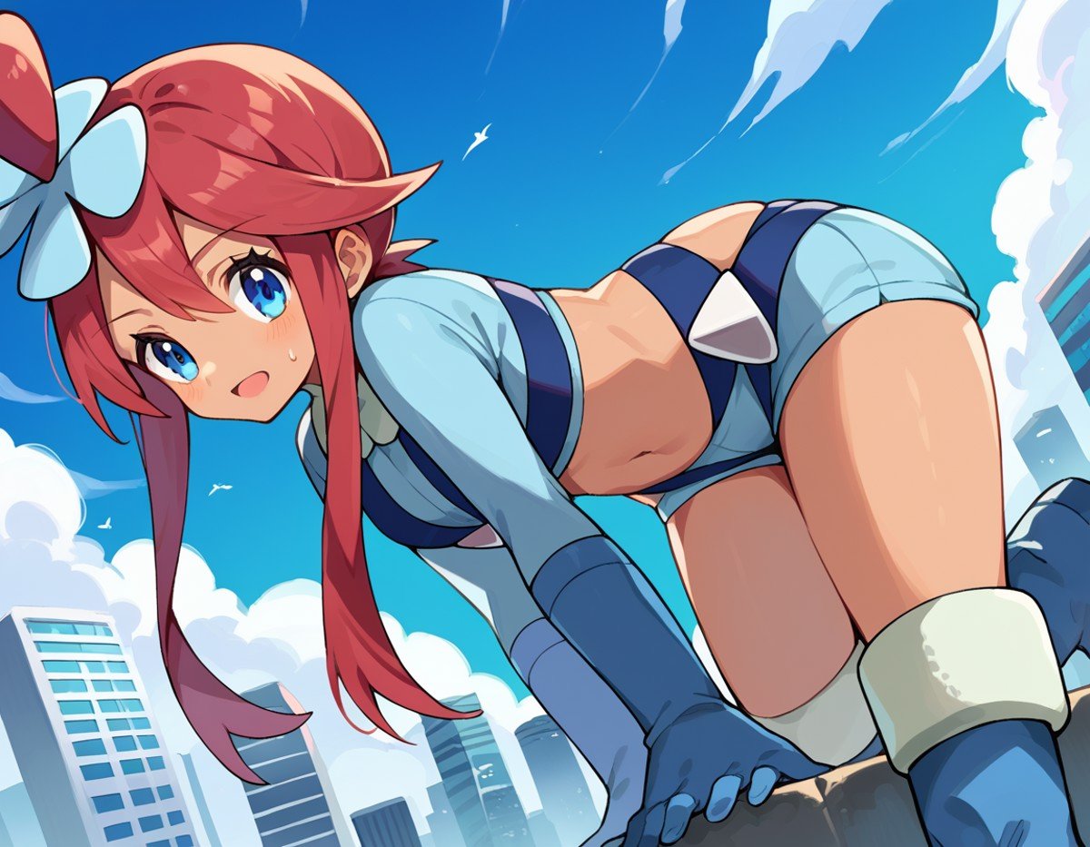 score_9, score_8_up, score_7_up, source_anime,pokemonskyla, <lora:pokemon-skyla-ponyxl-lora-nochekaiser:1>pokemonskyla, blue eyes, hair ornament, one side up, red hair, short hair with long locks, sidelocks,blue footwear, blue gloves, blue jacket, blue shorts, boots, crop top, cropped jacket, gloves, jacket, midriff, navel, short shorts, shorts, thigh pouch,outdoors, cityscape, bent over,looking at viewer, cowboy shot, dutch angle,