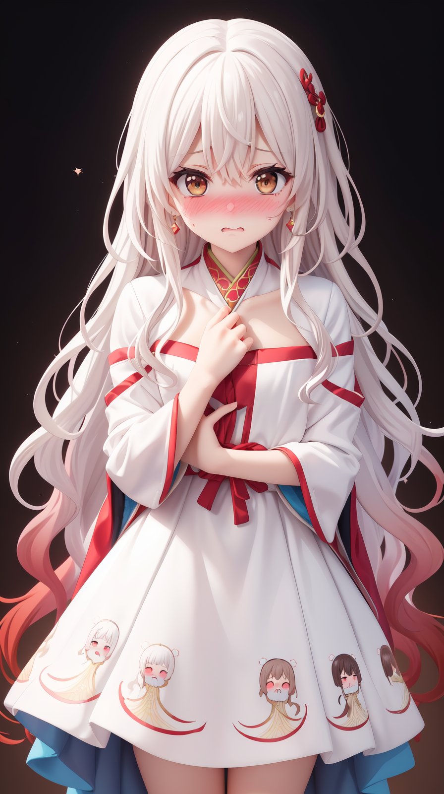 (wavy hair:1.2), (Very long hair:1.3), (Red layer), (Aesthetic medium chest:1.2), masterpiece, best quality, Solo, hair above cheeks, diamond earrings, Circle dress:1.2), Anime print on clothes, White clothes, (Embarrassed:1.6), (Nose blush:1.34), (Small chest:1.1), (Brown hair:1.5), (white hair:1.5), (gradient hair:1.4), (Highlighting:1.2), (Hanfu doll choli dress)