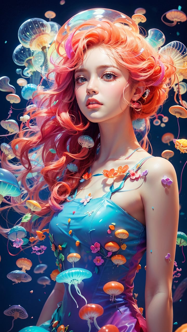 Colorful Girl,full body,1 girl,dynamic posture,colorful hair,gradient hair,colorful jellyfish background,large jellyfish,small jellyfish,numerous jellyfish,super details,ultra-high quality,realism,painted artistry,official art,