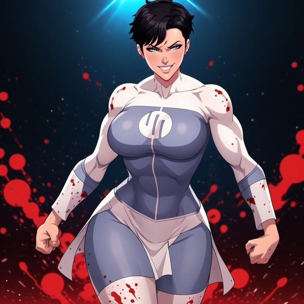 anime artwork  a (((full body))) muscular woman smiling, short dark hair, huge breast, hourglass figures,wears a futuristic white and lightblue bodysuit, white miniskirt, fighting poses, blood, bloodsplashes, space background<lora:Anissa1024:0.8>  . anime style, key visual, vibrant, studio anime,  highly detailed