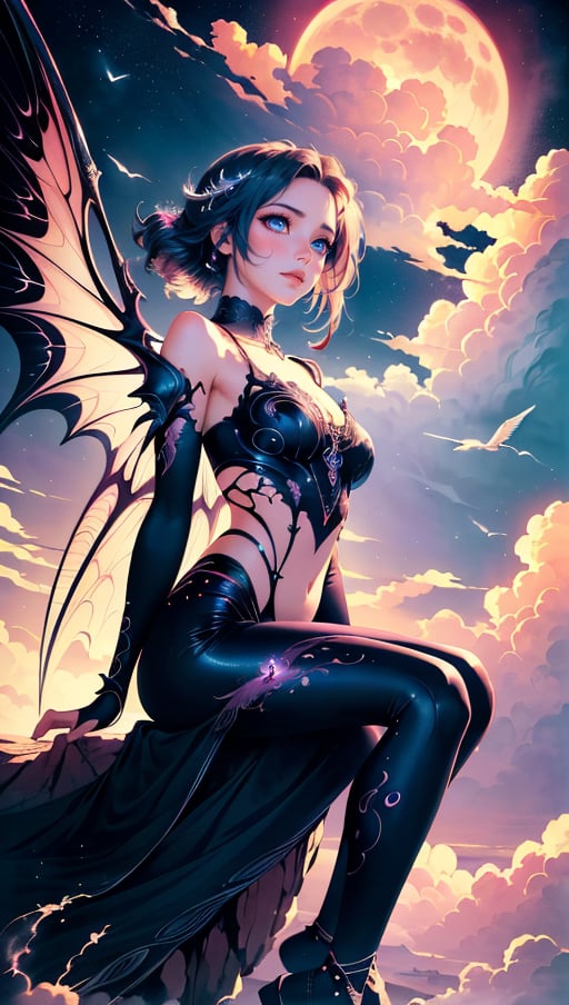 ((best quality)), ((masterpiece)), (detailed), alluring succubus, ethereal beauty, perched on a cloud, (fantasy illustration:1.3), enchanting gaze, captivating pose, delicate wings, otherworldly charm, mystical sky, (Luis Royo:1.2), (Yoshitaka Amano:1.1), moonlit night, soft colors, (detailed cloudscape:1.3), (high-resolution:1.2)