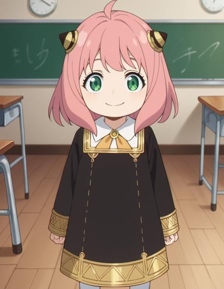 score_9, score_8_up, score_7_up, source_anime,anyaforger, <lora:anya-forger-ponyxl-lora-nochekaiser:1>,anya forger, anya forger, bangs, green eyes, pink hair, ahoge, hair ornament, hairpods, child, female child, smile,long sleeves, dress, school uniform, socks, black dress, eden academy school uniform,indoors, classroom,looking at viewer, cowboy shot, dutch angle,