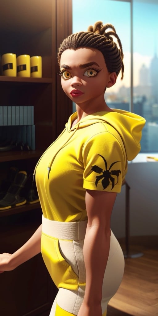 Hyperrealistic, photorealistic, super detailed, (((yellow hoodie))), yellow pants, orangeish black hair, hair is in dreadlocks in a high ponytail style, vivid amber eyes, left eyebrow has what appears to be a slit going through it, beauty mark underneath her right eye, body like in real life, large pores, muscular, brown-skinned, beautiful arms, fingernails are painted with black nail polish, medium breasts, unreal engine, octane render, droped shadow, bokeh, cinematic lighting, <lora:add_detail:0.5>, <lora:Volumetric_lighting:0.6>, , <lora:cc882da8-fed4-404f-a239-f3a7e96e7b73:0.7>