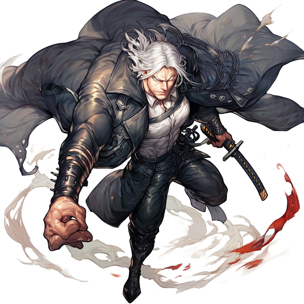 score_9, score_8_up, score_7_up, white background, simple background, 1boy, solo, full body, vergil_\(devil_may_cry\), black coat, black pants, boots, katana, sheath, holding, white hair, muscular male