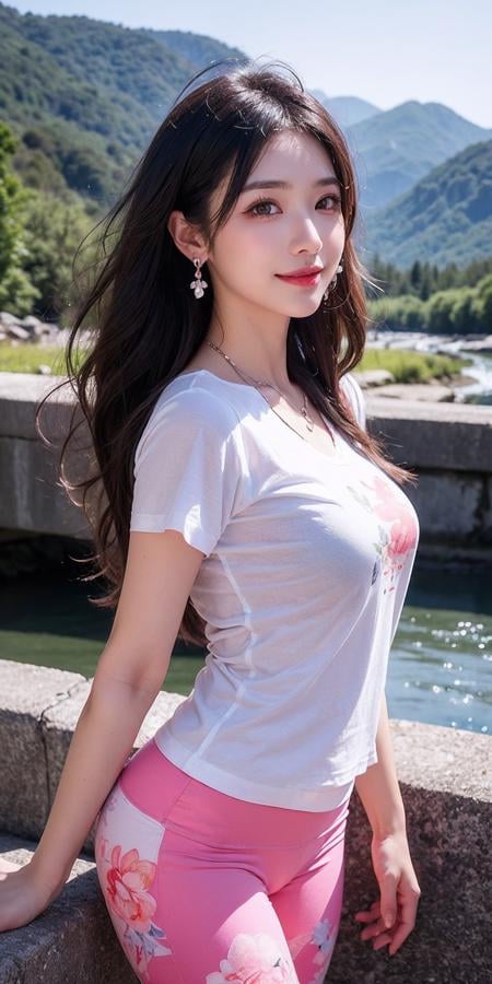 (Realisticity:1.4),Cinematic Lighting,1Girl,(standing,beautiful long_Slender_legs),(korean mixed,kpop idol:1.2),earrings,necklace,(long_brown_wavy_hair),pink_red_shiny_lips,eyelashes,make-up,shiny,Pore,skin texture,big breasts,smile, ((Watercolor floral print t-shirt with delicate and romantic blossoms in soft pastel shades,yoga pants)),((Incredible mountainous panorama, summer, Charming bridges, Rivers)),Dynamic pose,