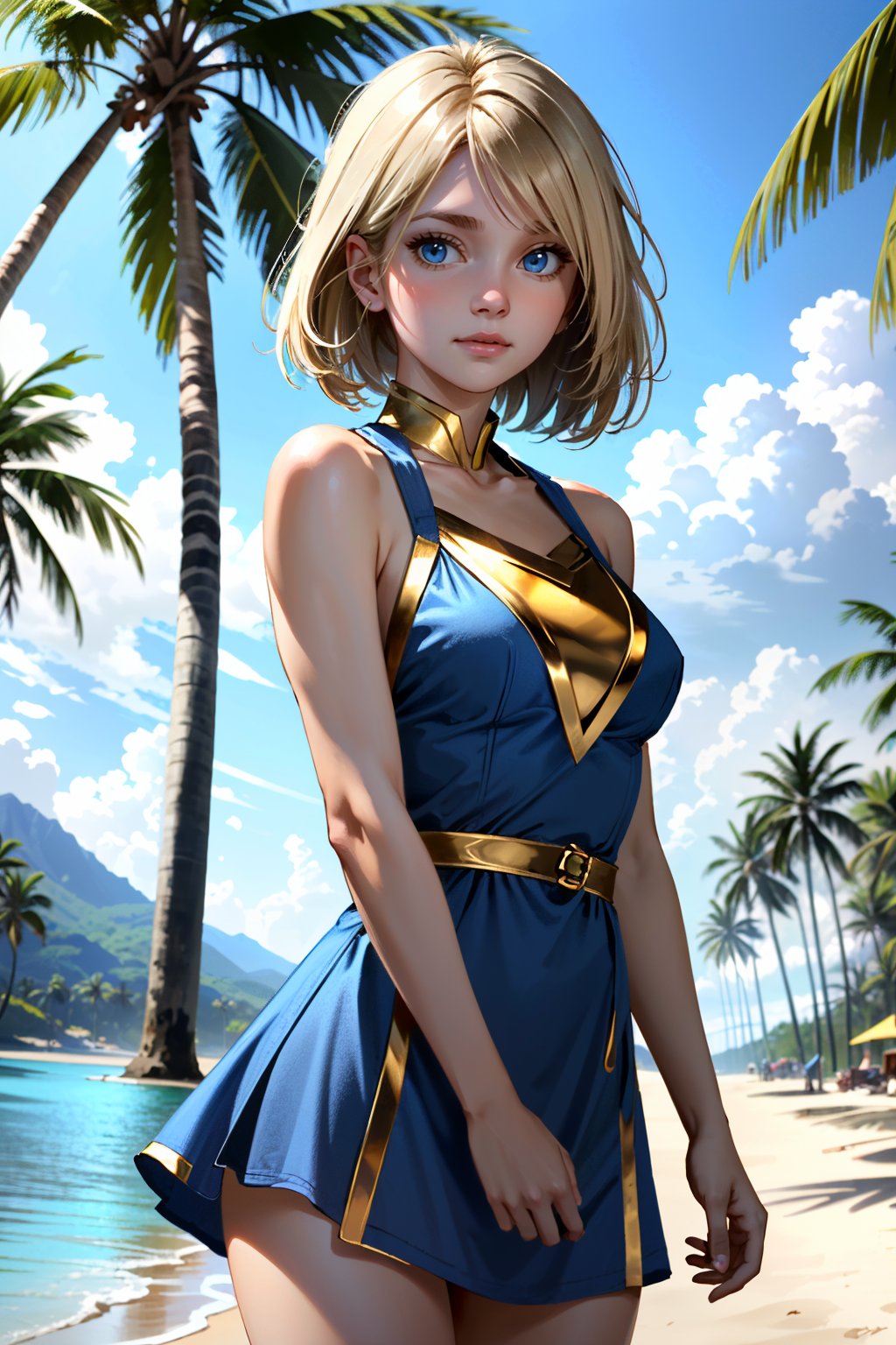 ((ultra detailed, masterpiece, absurdres)) <lora:I2SGirl:0.8>I2SGirl, medium hair, blonde hair, blue eyes, on a tropical island, sundress, palm trees