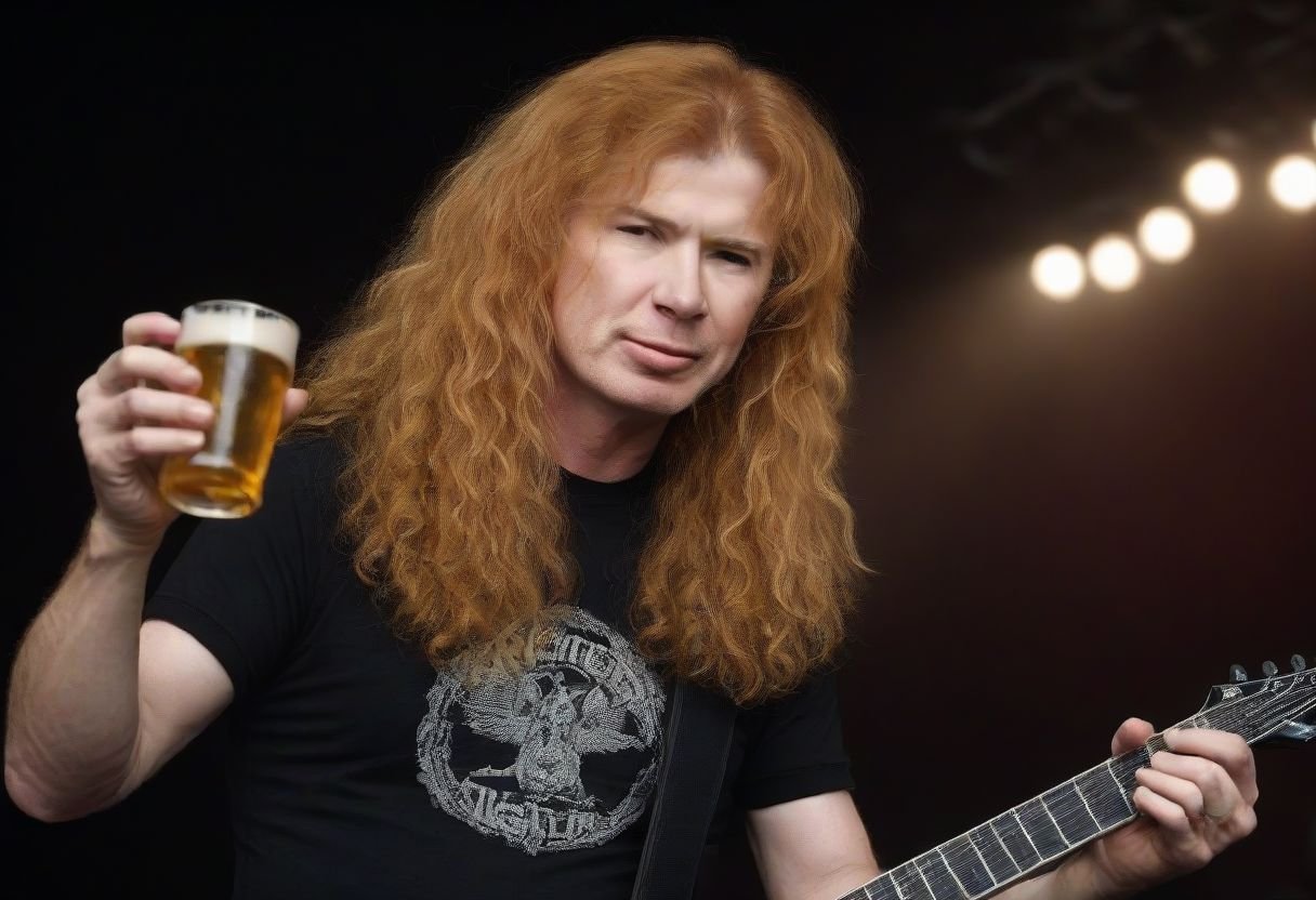 dave_mustaine, red hair, curly hair, solo male, drinking beer and playing on guitar