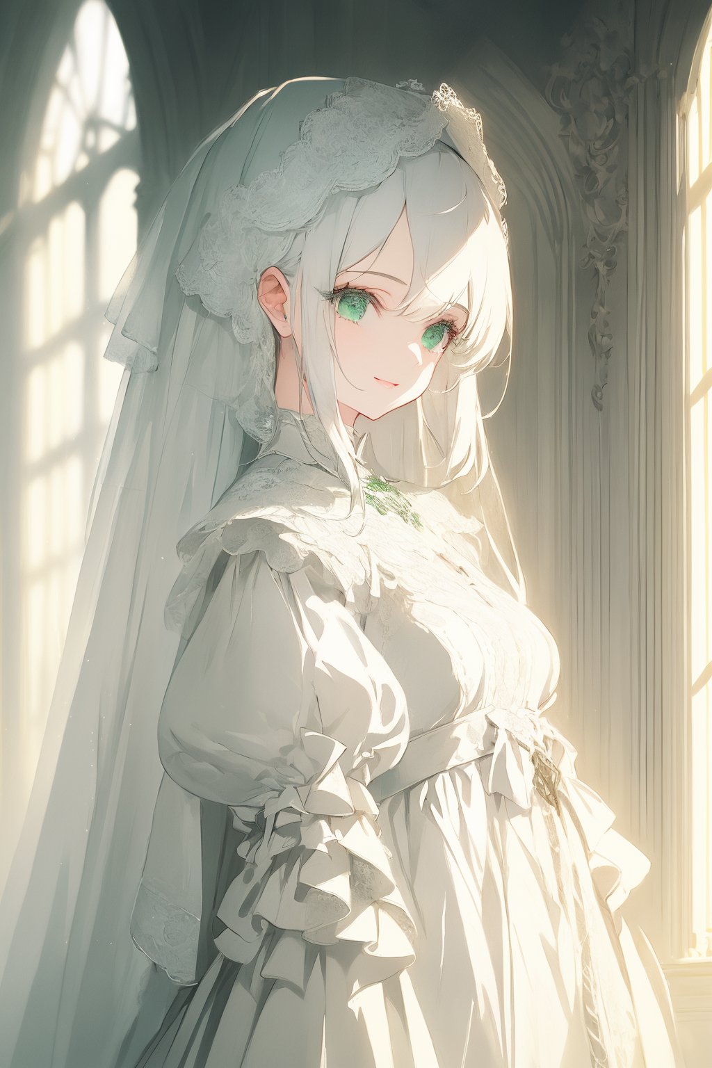 absurdres, elaborate, softly illustration, softly atmosphere, softly color pencil illustration, hyper quality, hyper detailed, (1 Very Cute Girl:1.3), solo, white hair, light smile, beautiful green eyes