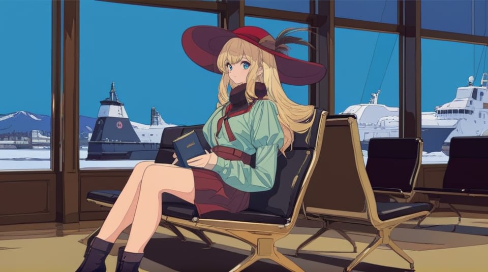 (best quality), ((masterpiece)), (highres), illustration, original, extremely detailed,  <lora:城静时光茶香美:0.7>1girl, solo, long hair, blonde hair, hat, sitting, chair, blue eyes, long sleeves, window, book, holding, red headwear, looking at viewer, indoors, boots, holding book, skirt