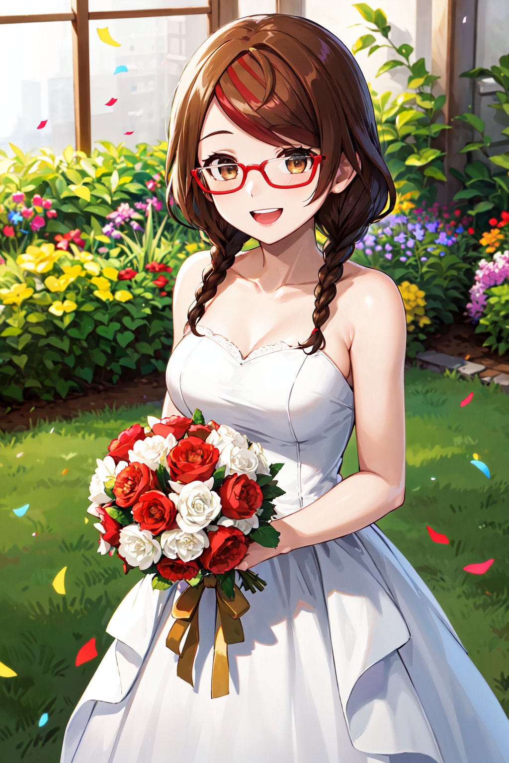 masterpiece, best quality, highres, aamisaki, twin braids, multicolored hair, brown eyes, red-framed eyewear, <lora:sakimiya_misaki_v1:0.7>, wedding dress, white dress, garden, holding bouquet, smile, open mouth, confetti, 