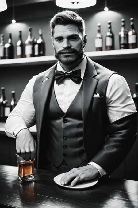 score_9, score_8_up, score_7_up, score_6_up, score_5_up, score_4_up, 1boy, male focus, facial hair, solo, bowtie, mustache, bow, monochrome, formal, cup, looking at viewer, vest, drinking glass, suit, beard, holding, whiskey, greyscale, jacket, alcohol, blurry, bar (place), indoors <lora:Photo Style LoRA XL:1>