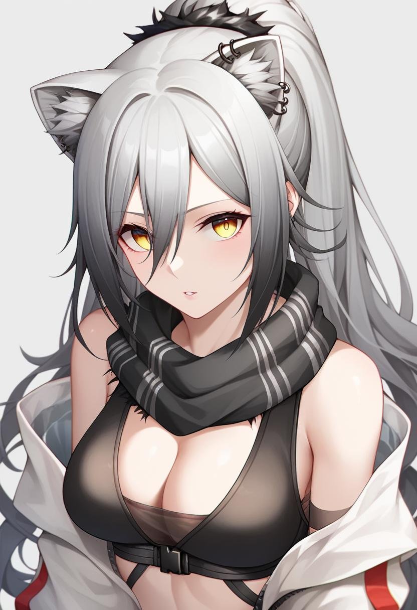 score_9,score_8_up,score_7_up,<lora:earknights_all:1>,1girl, schwarz_\(arknights\), solo, upper_body, grey_hair, long_hair, medium_breasts, cleavage, sleeveless, chromatic_aberration, animal_ear_fluff, bare_shoulders, black_scarf, cat_ears, commentary_request, crop_top, grey_background, hair_between_eyes, looking_at_viewer, off_shoulder, parted_lips, revision, yellow_eyes