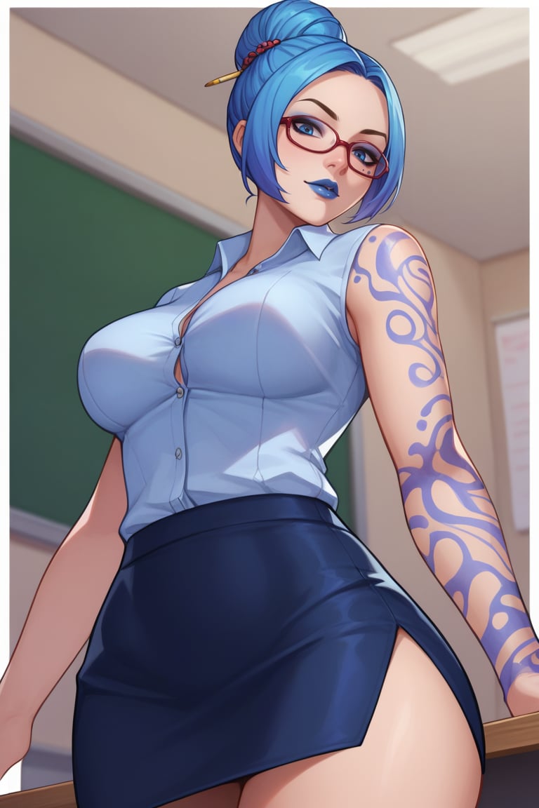 score_9, score_8_up, score_7_up, BREAK , 1girl, solo, looking at viewer, breasts, <lora:mayabl2-guy-v1PONYXL:.85>, mayabl2, tattoo, makeup, blue lips, teacher, from below, pencil skirt, collared shirt, glasses, hair bun, hair ornament, 