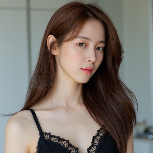 portrait photo Korean woman long hair wearing bra