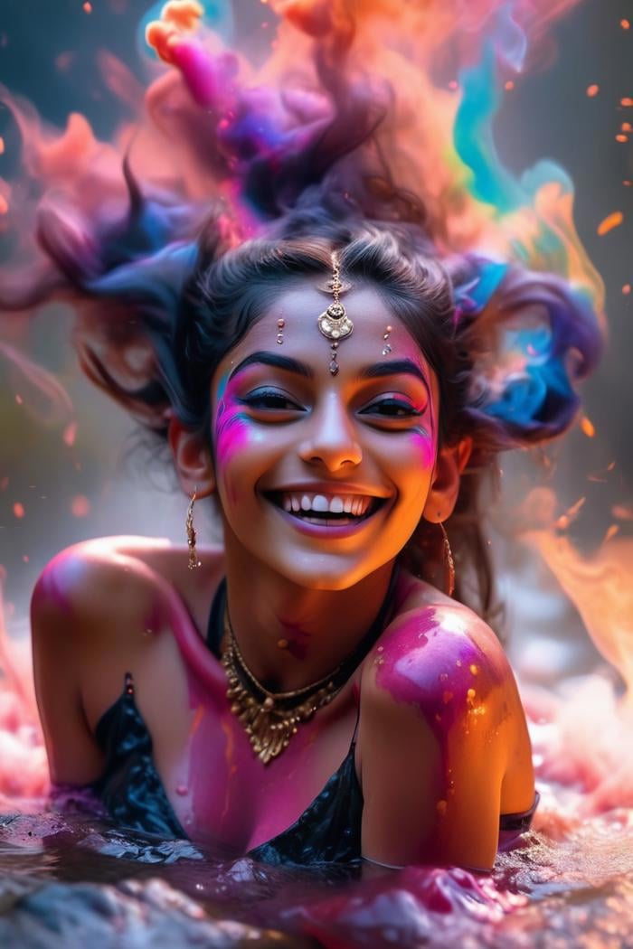mj, photo RAW, Indian girl, 18 years old, smiling, ((looking at camera)), happy, upper body, in a stream, succubus outfit, exquisite, happy, vibrant, colorful smokes and particles, from above, soft diffused lighting, perfect composition, hyper realistic