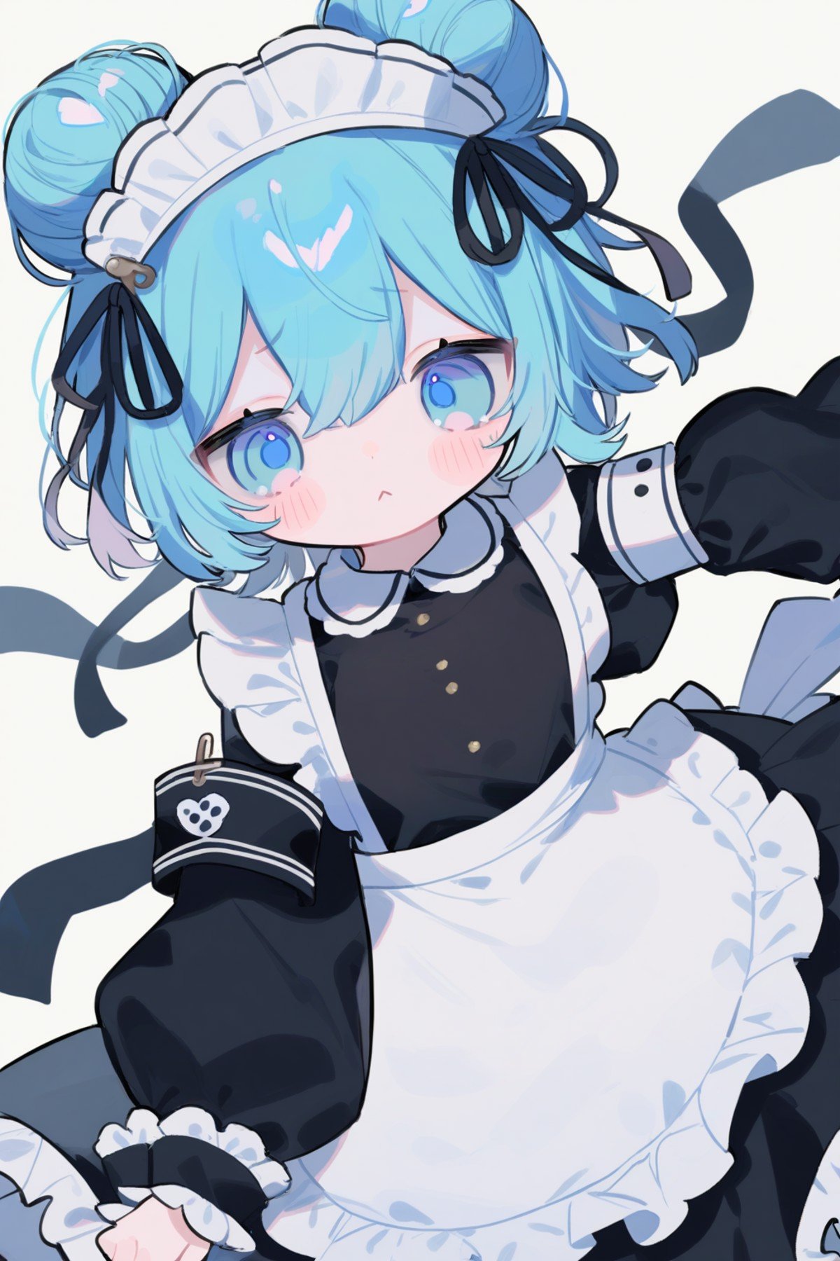 <lora:cotono_XL:1>,1girl,solo,apron,hair bun,long sleeves,dress,looking at viewer,ribbon,double bun,white apron,hair ribbon,black dress,blush,hair ornament,armband,blue hair,closed mouth,black ribbon,white background,collared dress,puffy sleeves,frilled apron,simple background,:<,medium hair,sleeve cuffs,blue eyes,frills,maid apron,hair between eyes,safety pin,