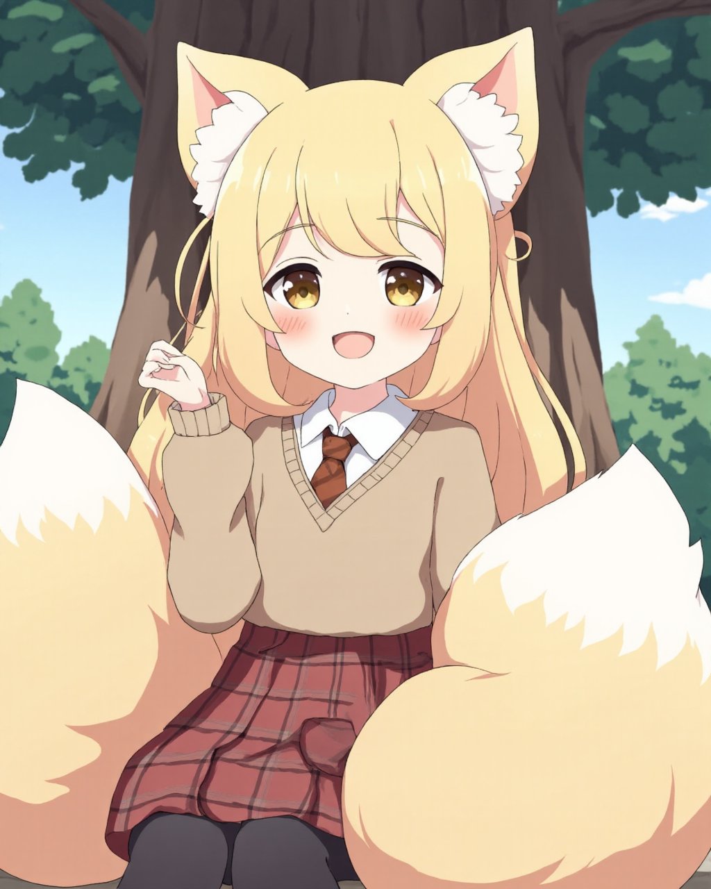 <lora:flux-ty:1.8>,Artist_tyomimas,loli,1girl,Artist Tyomimas, Loli,  a virtual character with blonde hair and brown eyes, wearing a brown sweater over a white shirt, paired with a plaid skirt and black pantyhose. the character has animal ears, specifically fox ears, and fox tail, giving her a cute and playful look. she also has long hair with animal ear fluff, enhancing her fox-like appearance. the character is depicted sitting and looking directly at the viewer, holding her own tail in a friendly manner. the background features a tree, suggesting an outdoor setting. the tags 'commission' and 'skeb_commission' indicate that this artwork might be a custom request for a fan or collector. the 'original' tag suggests that this character design is unique and not based on any existing character. overall, this character embodies a cute, playful, and friendly persona, typical of virtual characters with animal ears.