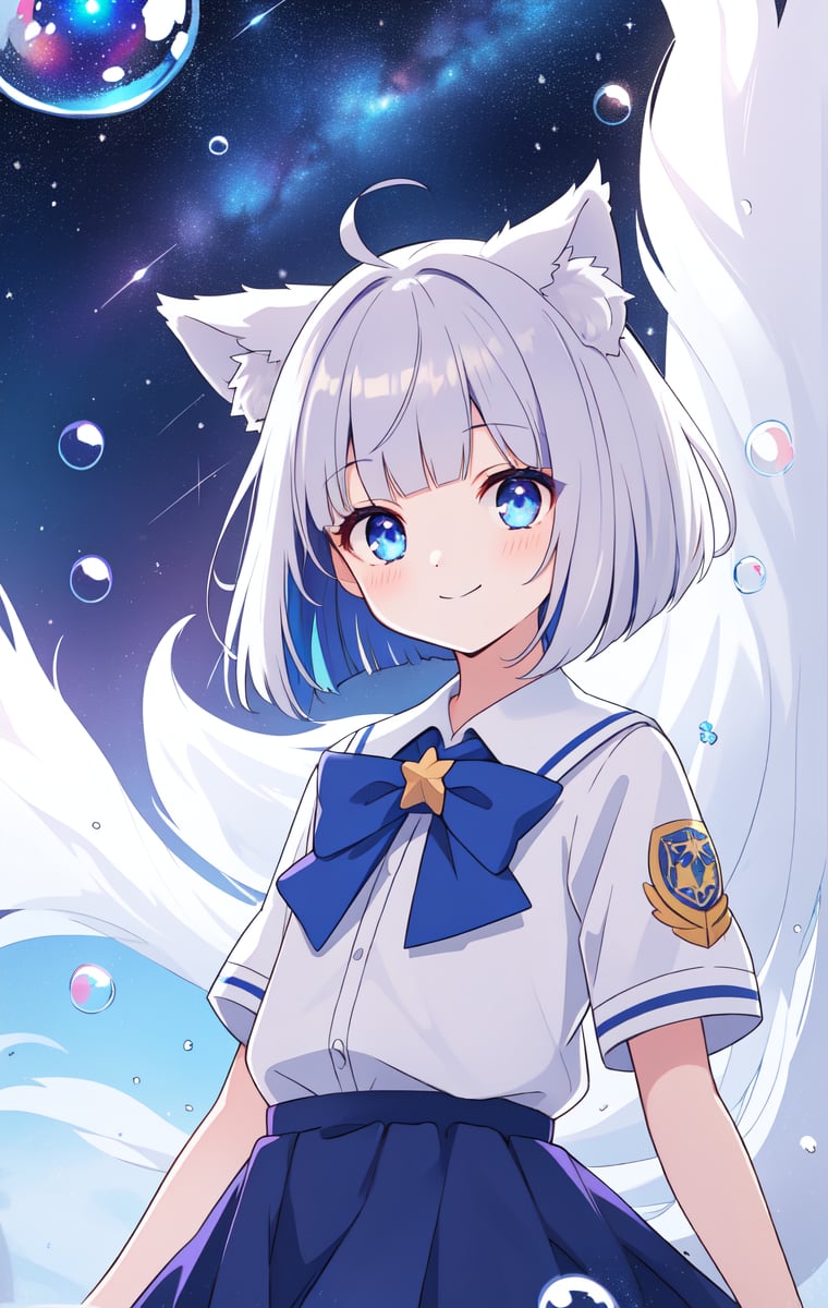 stars in the eyes,messy floating hair,colored inner hair,Starry sky adorns hair,(lots of big colorful Bubble),(pearl),(Galaxy),depth of field,wolf ears,light smile,, silver hair,short hair,hime cut,purple blue eyes,blue school uniform,blunt bangs,bob cut,glowing eyes,disheveled hair,