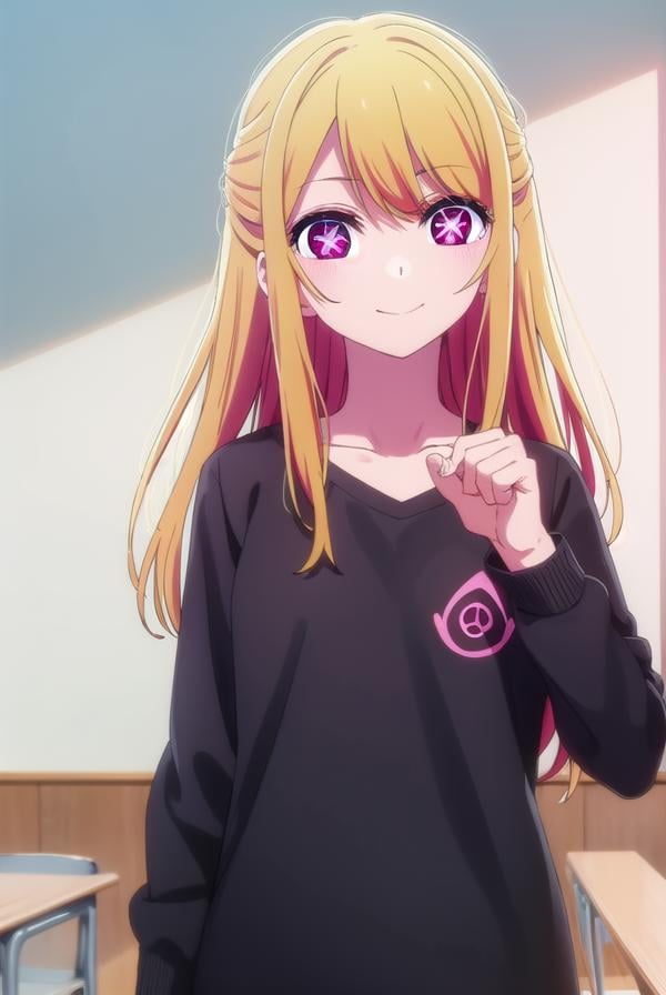 rubyhoshino, <lora:ruby hoshino s1-lora-nochekaiser:1>,ruby hoshino, long hair, bangs, blonde hair, (pink eyes:1.3), sidelocks, (symbol-shaped pupils:1.5), multicolored hair, two-tone hair, smile,BREAK shirt, long sleeves, sweater, clothes writing, yellow shirt,BREAK indoors, classroom,BREAK looking at viewer, (cowboy shot:1.5),BREAK <lyco:GoodHands-beta2:1>, (masterpiece:1.2), best quality, high resolution, unity 8k wallpaper, (illustration:0.8), (beautiful detailed eyes:1.6), extremely detailed face, perfect lighting, extremely detailed CG, (perfect hands, perfect anatomy),