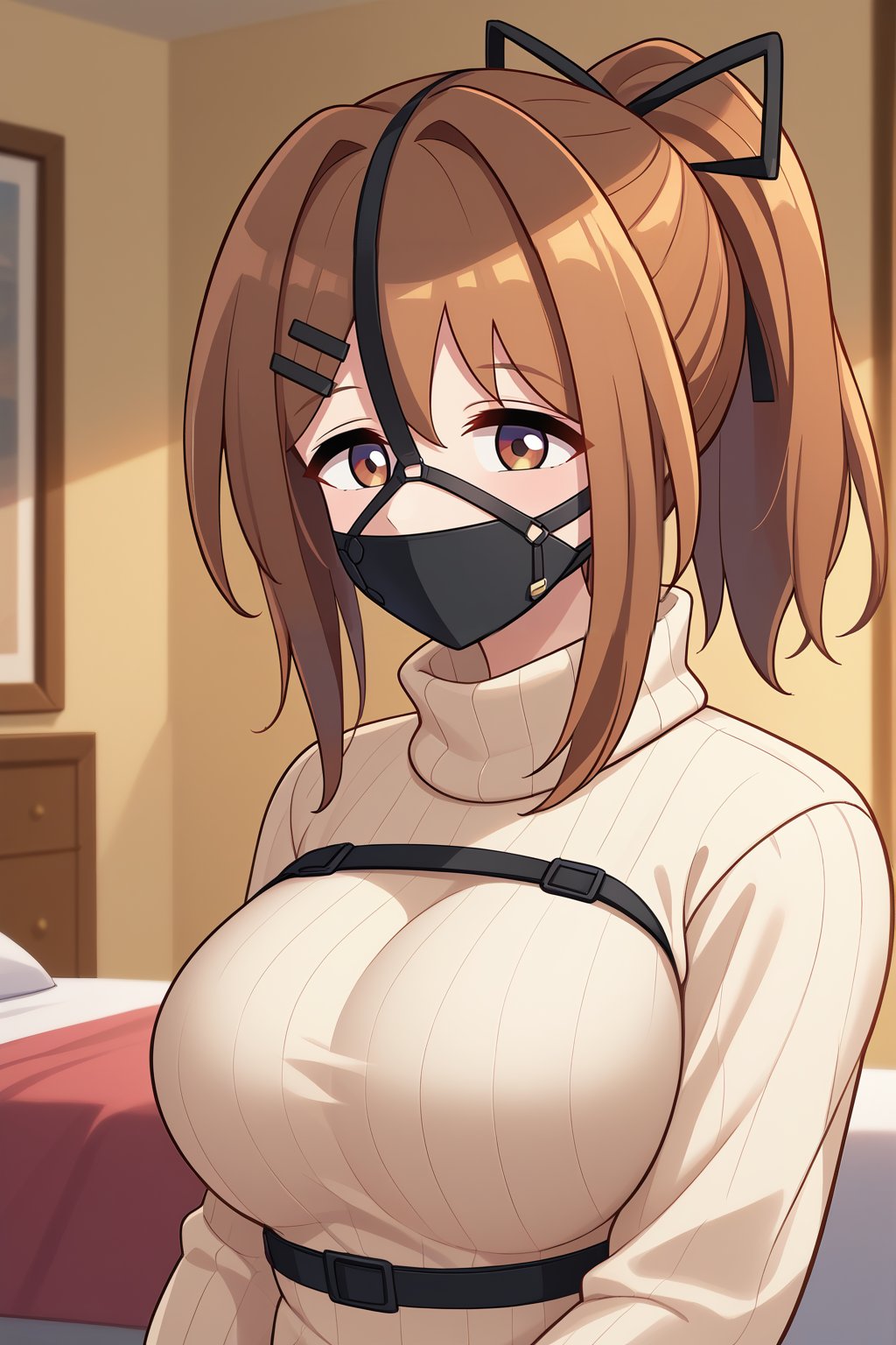 score_9, score_8_up, score_7_up, intricate details, source_anime, BREAK 1girl, solo, 18 years old, natsuki hinata, ponytail, hairclip, hair ribbon, large breasts, muzzle gag, gag harness, turtleneck sweater, bedroom, masterpiece, best quality, very aesthetic, absurdres<lora:EMS-403500-EMS:0.800000>, <lora:EMS-315774-EMS:0.800000>