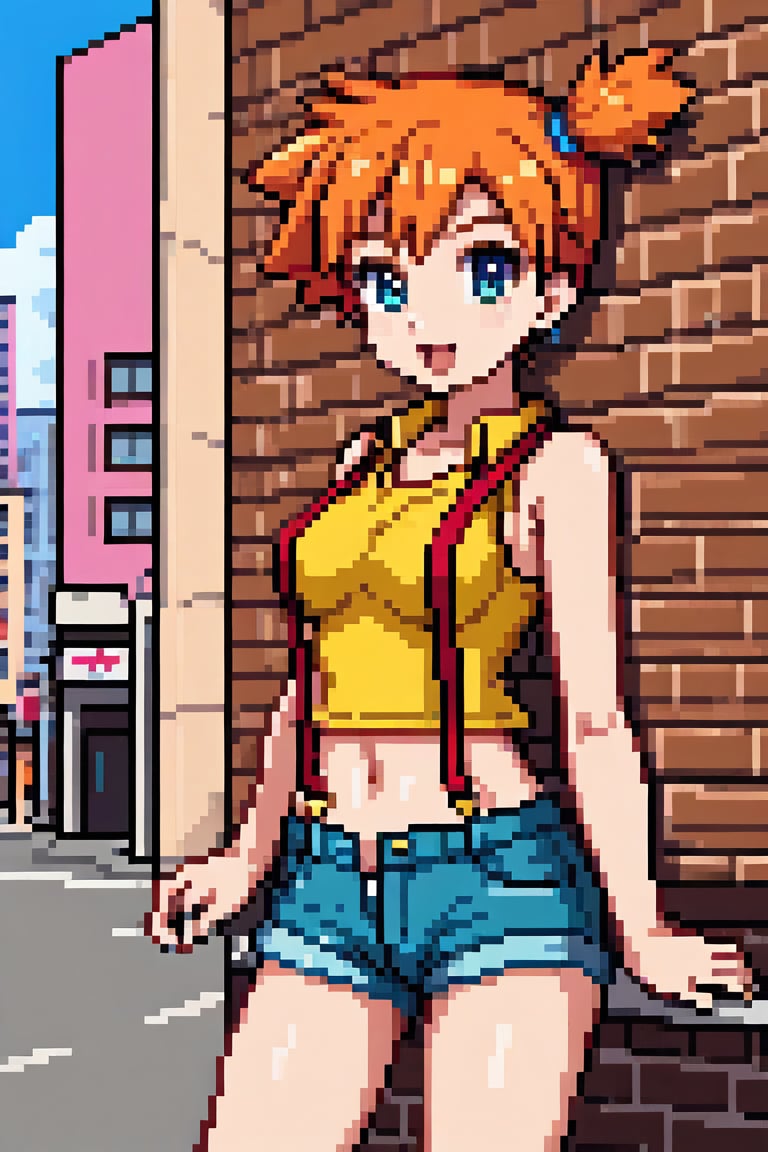 misty (pokemon), 1girl, solo, yellow shirt, sleeveless shirt, suspenders, denim shorts, outdoors<lora:Pixel_Art_Pony:1>