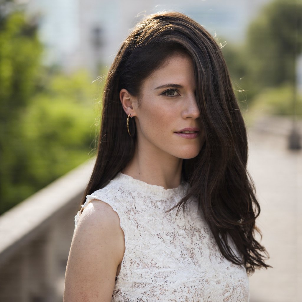 A portrait of rose_leslie with long, straight black hair, captured in a side profile. She wears a white sleeveless top with intricate lace detailing. The woman stands outdoors, with a blurred background of a concrete structure, likely a bridge or overpass, suggesting a natural setting. The lighting is soft and natural, with the sun casting a warm glow on the scene. The image conveys a serene and contemplative mood.