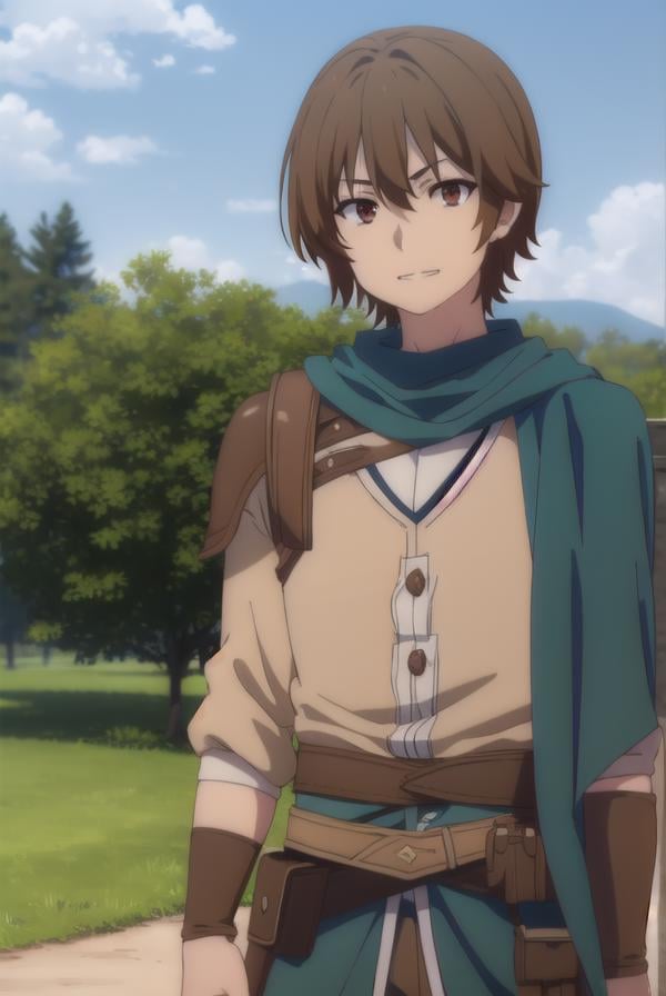 keyaru, <lora:keyaru s1-lora-nochekaiser:1>,keyaru, short hair, (brown eyes:1.5), brown hair, male focus, smile, grin,BREAK cape, armor,BREAK outdoors, forest, nature, grass, trees, sun, sky, clouds,BREAK looking at viewer, (cowboy shot:1.5),BREAK <lyco:GoodHands-beta2:1>, (masterpiece:1.2), best quality, high resolution, unity 8k wallpaper, (illustration:0.8), (beautiful detailed eyes:1.6), extremely detailed face, perfect lighting, extremely detailed CG, (perfect hands, perfect anatomy),