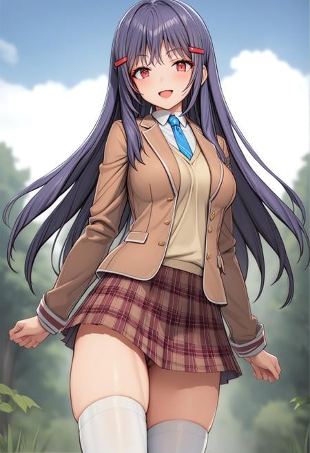 1girl, cowboy shot, smile, open mouth, nature, blue sky, bg_tukiyo, red eyes, purple hair, long hair, bangs, hair ornament, hairclip, school uniform, brown jacket, blazer, necktie, long sleeves, shirt, plaid skirt, white thighhighs, <lora:BG_tukiyo_sdxl_ver1:0.7>best quality, masterpiece