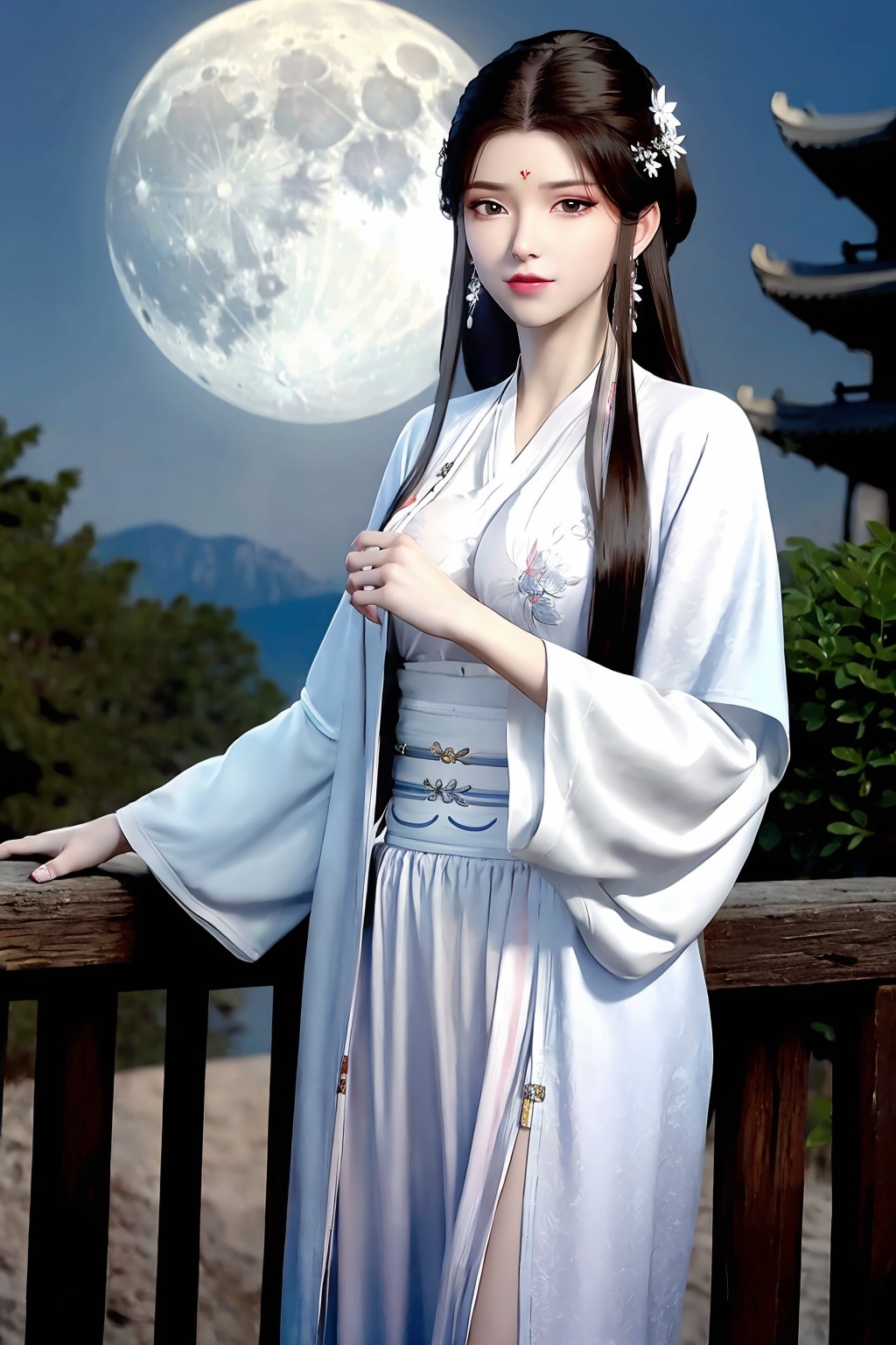 dancing, dress, chinese_clothes, long_sleeves, detached_sleeves, hanfu, looking_at_viewer (8k, RAW photo, best_quality),(highly_detailed),(masterpiece:1.2),(ultra-detailed),(extremely_detailed_cg_8k_wallpaper),(realistic:1.2),(photorealistic:1.3),(scenery,  east_asian_architecture, full_moon, moon, night,  moonlight,  night_sky,  sky,  potted_plant,  plant),1girl, solo, black_hair, long_hair,  hair_ornament, forehead_mark, facial_mark, jewelry, earrings, makeup,  hanfu, medium_breasts, cleavage, white_legwear,fingernails,medium_shot,(texture_skin:1.3),(shiny_skin:1.4),<lora:syqiangk_加强_重置_苏檀R_原装版_C9_5.2:0.8>,