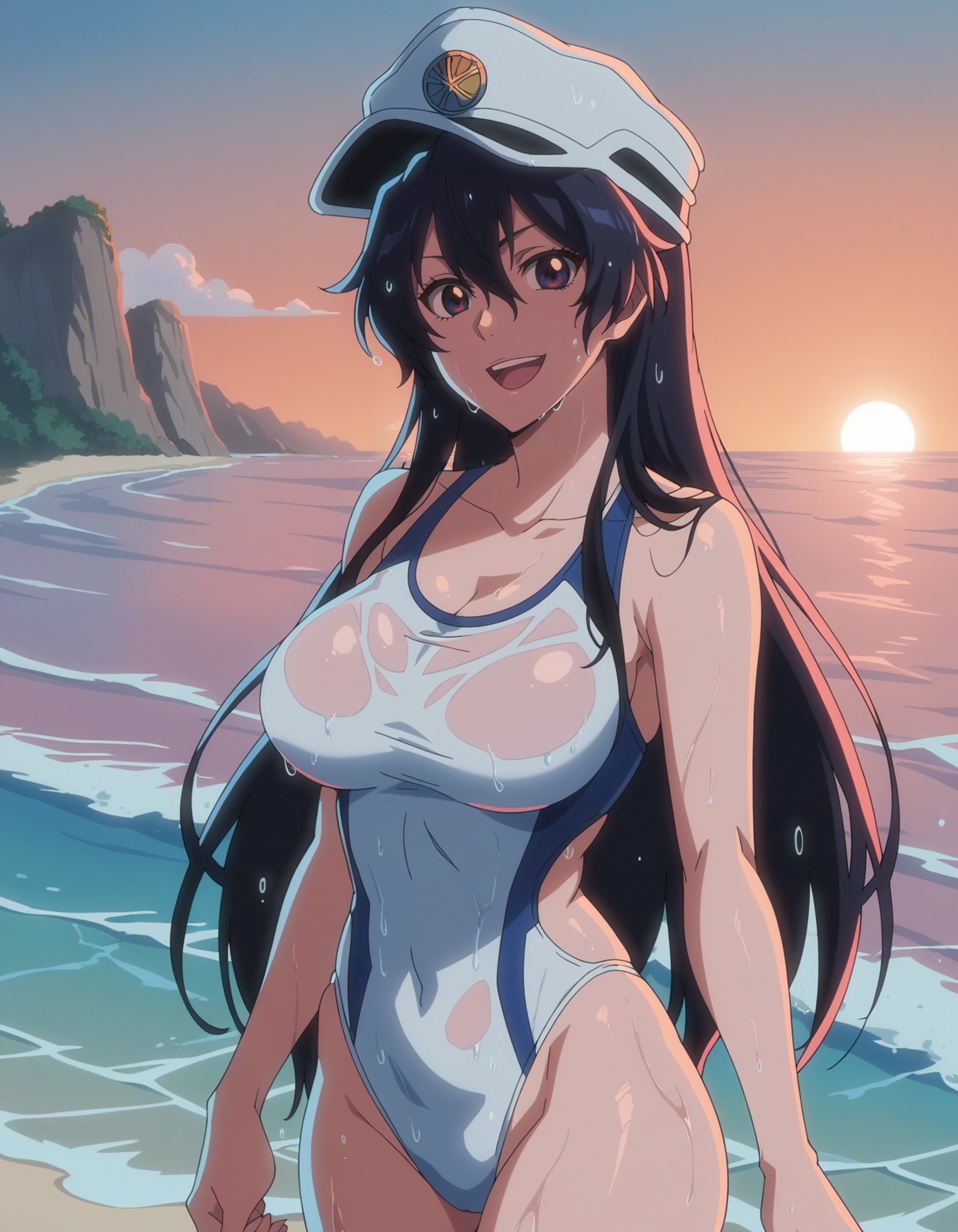 score_9, score_8_up, score_7_up, source_anime,anime screencap,anime coloring,uncensored,bambietta,1girl, long hair,hair between eyes,bangs,black hair,hat,,large breasts, swimsuit, wet, standing, looking at viewer, cowboy shot, open mouth, smile, perfect anatomy,scenery, outdoors,beach, ocean, water, day,   <lora:Bambietta Basterbine [Bleach] for PONY_epoch_15:0.8>